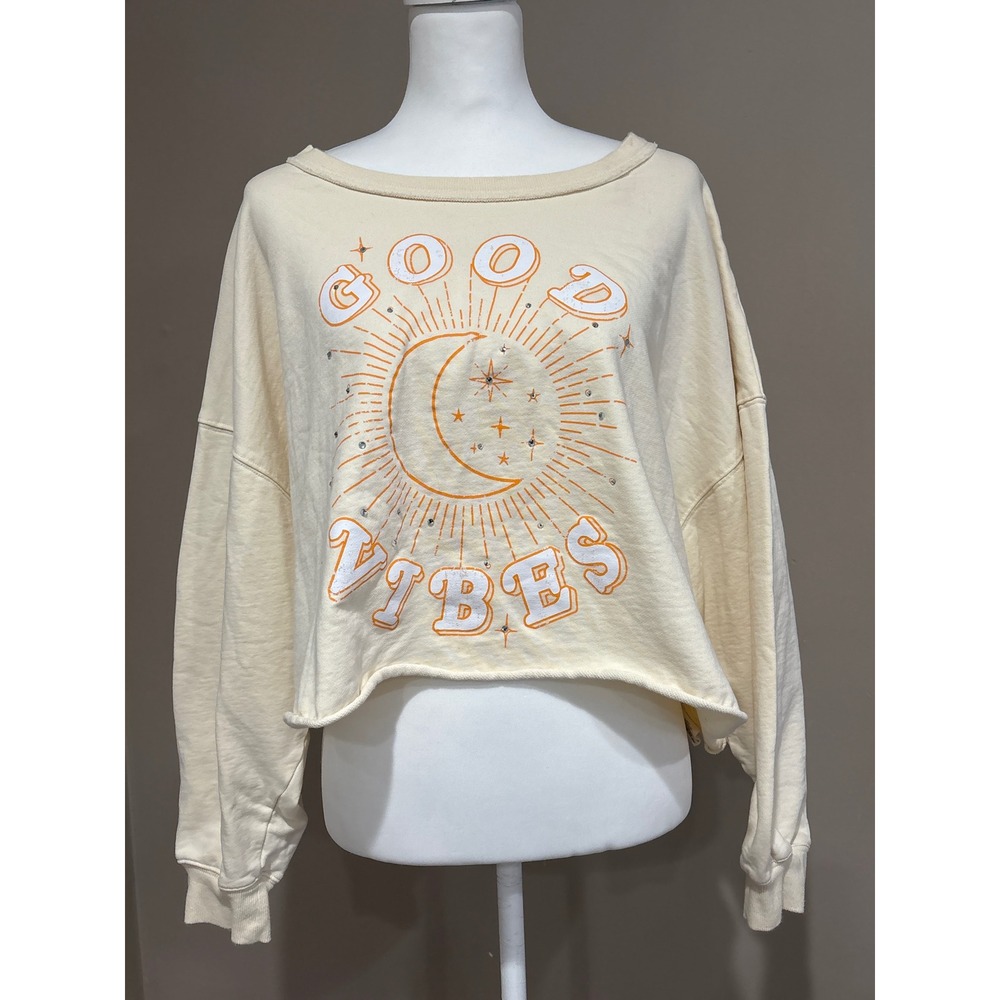 Three Bird Nest Cream Cropped Sweatshirt with Orange Moon Graphic